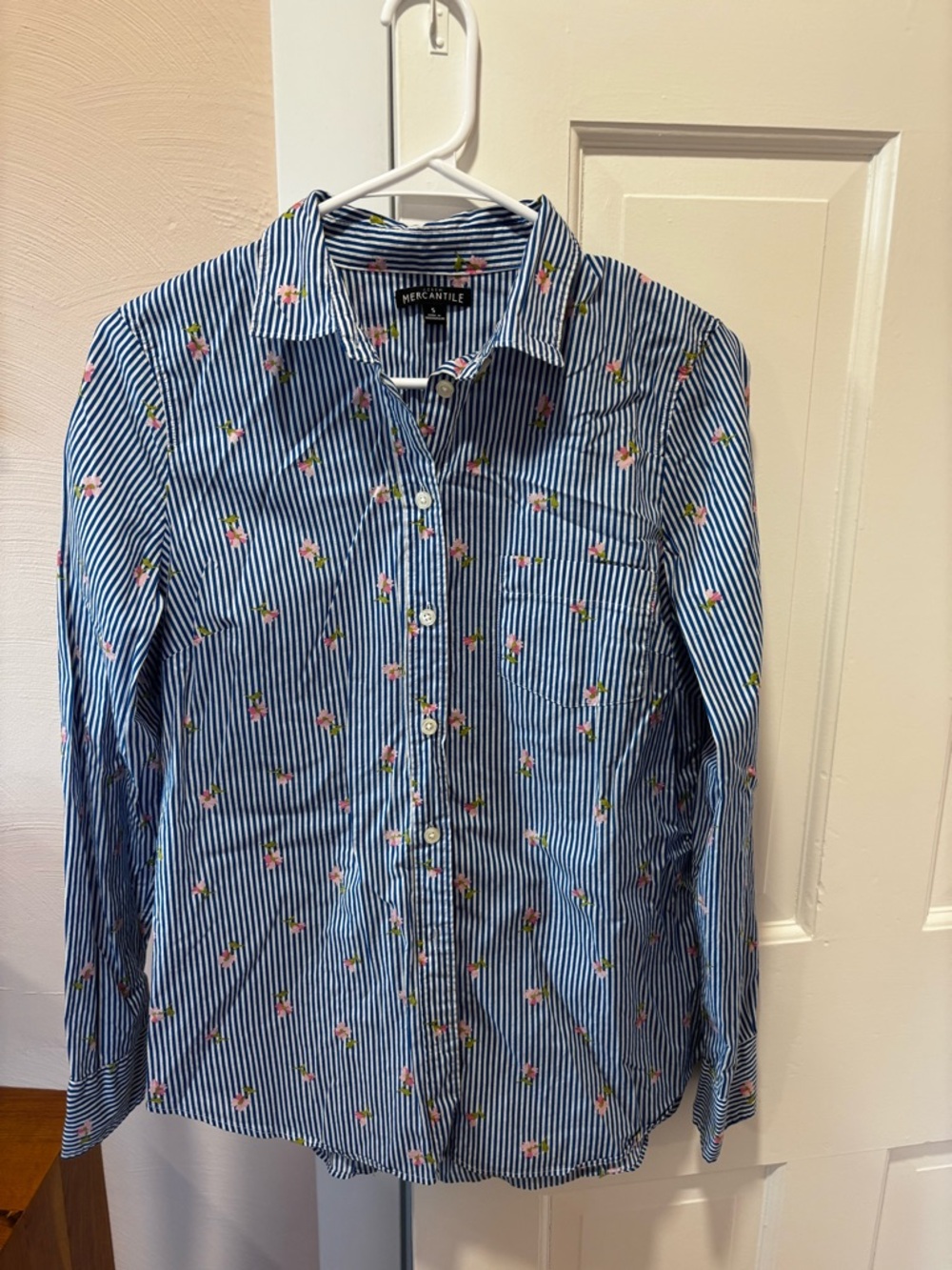 J. Crew Factory Blue and White Striped Button-Down with Pink Floral Embroidery